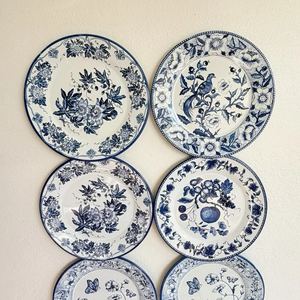 Set of 8 Vintage Restoration Hardware Blue & White Flo Tin Plates 10